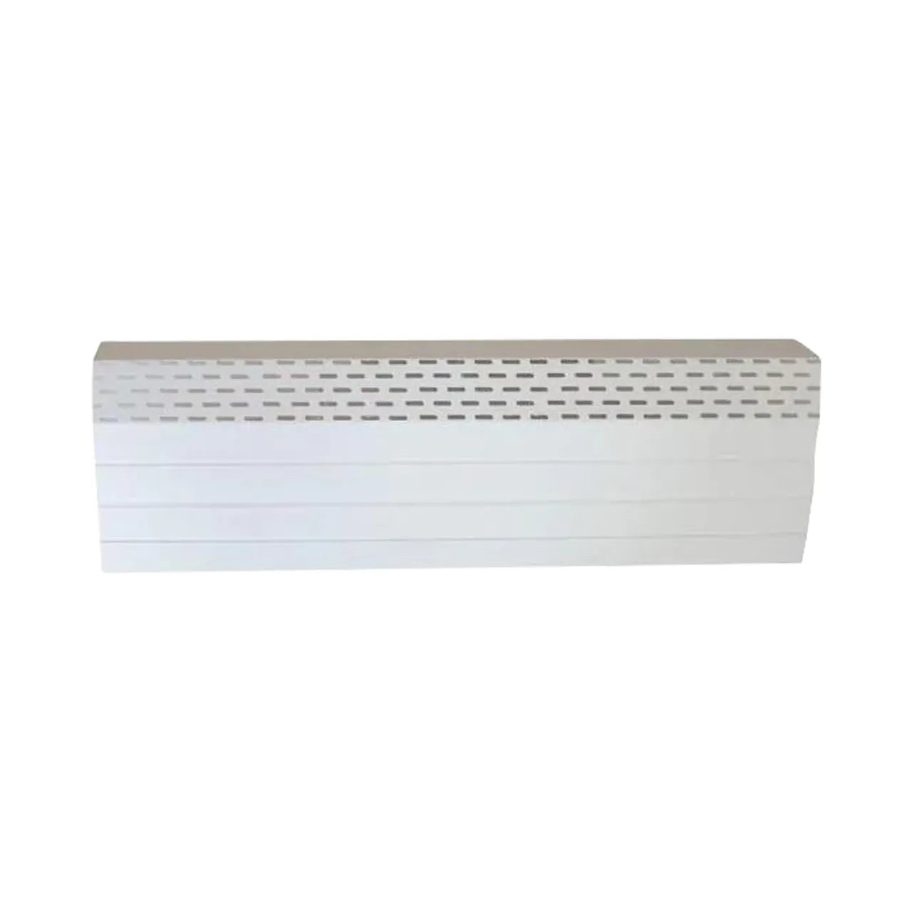 The Go Build 30/07 Original Series 4 ft. Hot Water Hydronic Baseboard Cover features a white rectangular design with horizontal top slots for airflow, blending seamlessly into any space. Perfect replacement cover for hydronic baseboards.